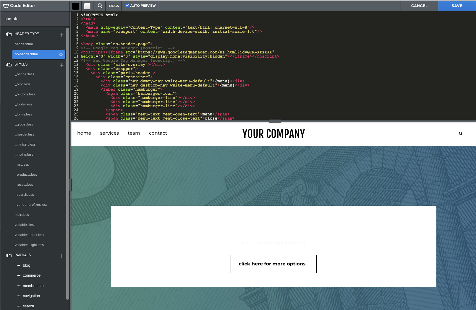 Weebly Code Editor - filled in code