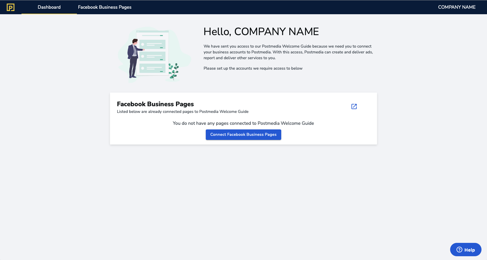 Main Dashboard Requiring Facebook Pages to Be Connected