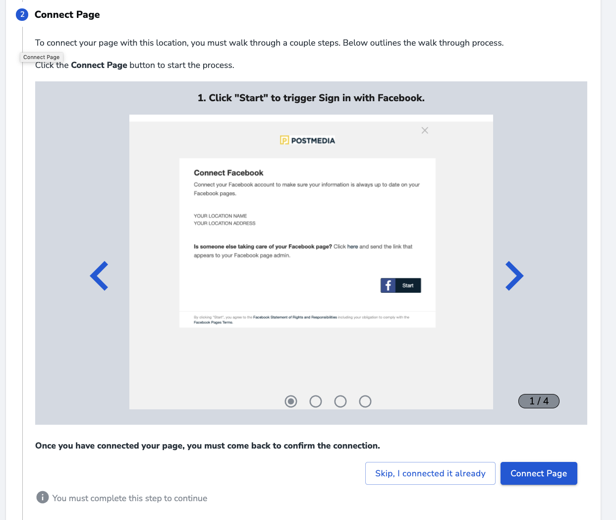 Facebook Onboarding for LSO, Step 2 Connect Page Step