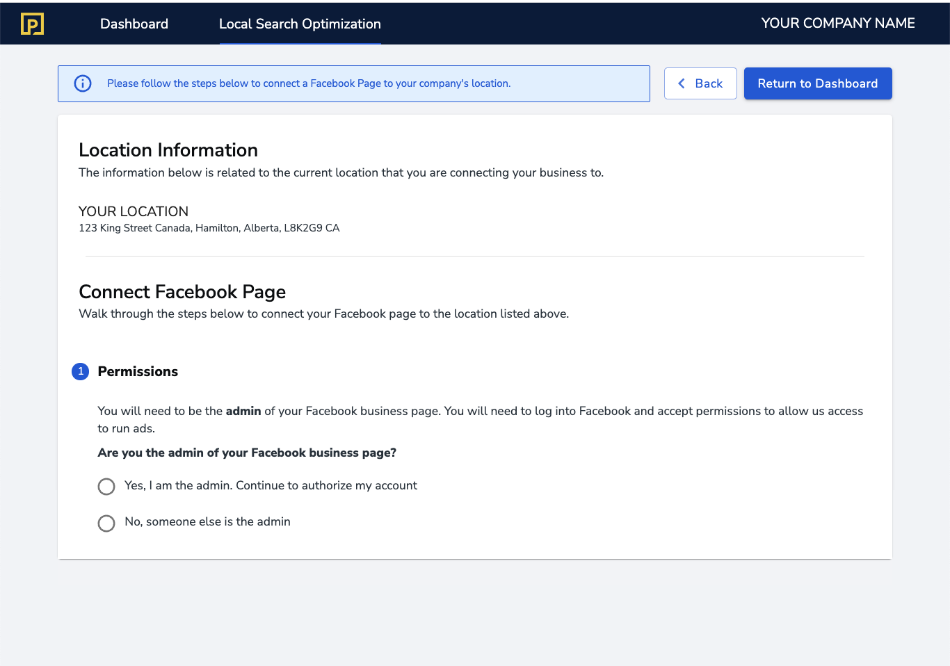 Facebook Onboarding for LSO, Step 1 Permissions Step